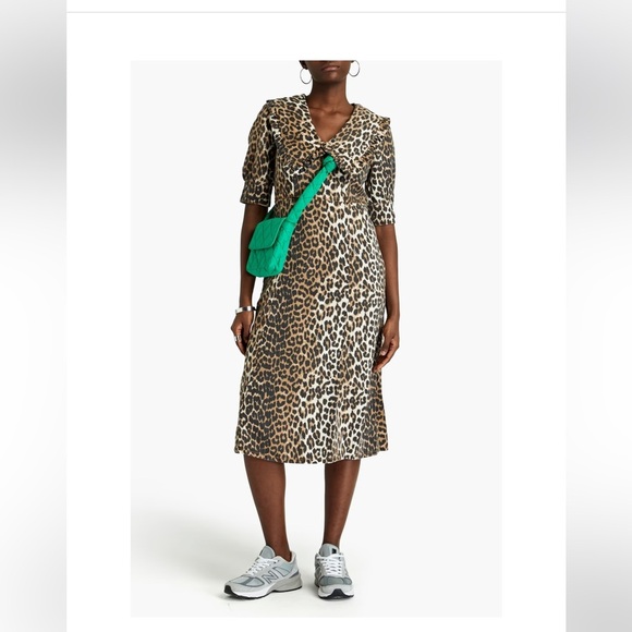 Ganni denim brown leopard midi dress nwt side 34 small - Picture 1 of 2